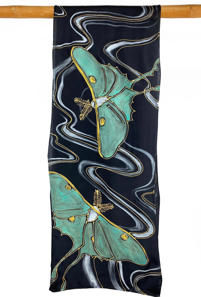 Takuyo Made to order Mint Green and Gold Moon Goddess Luna Moth Silk Scarf Black Luna Moth Hand painted Silk Scarf Luna Moth Art