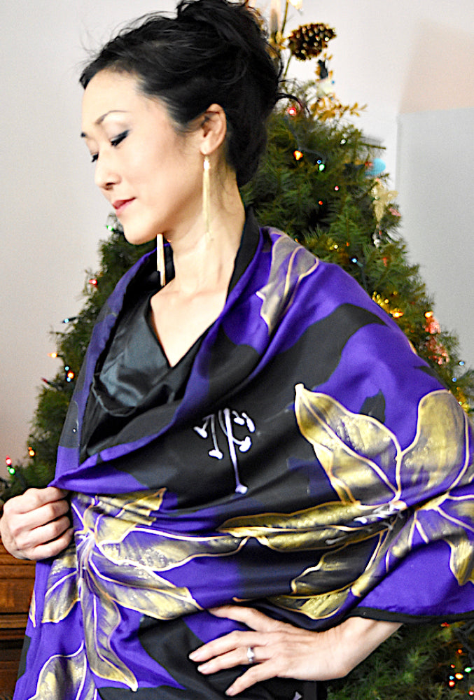 Reversible Silk Shawl Wrap, Golden Lily Flowers in Purple