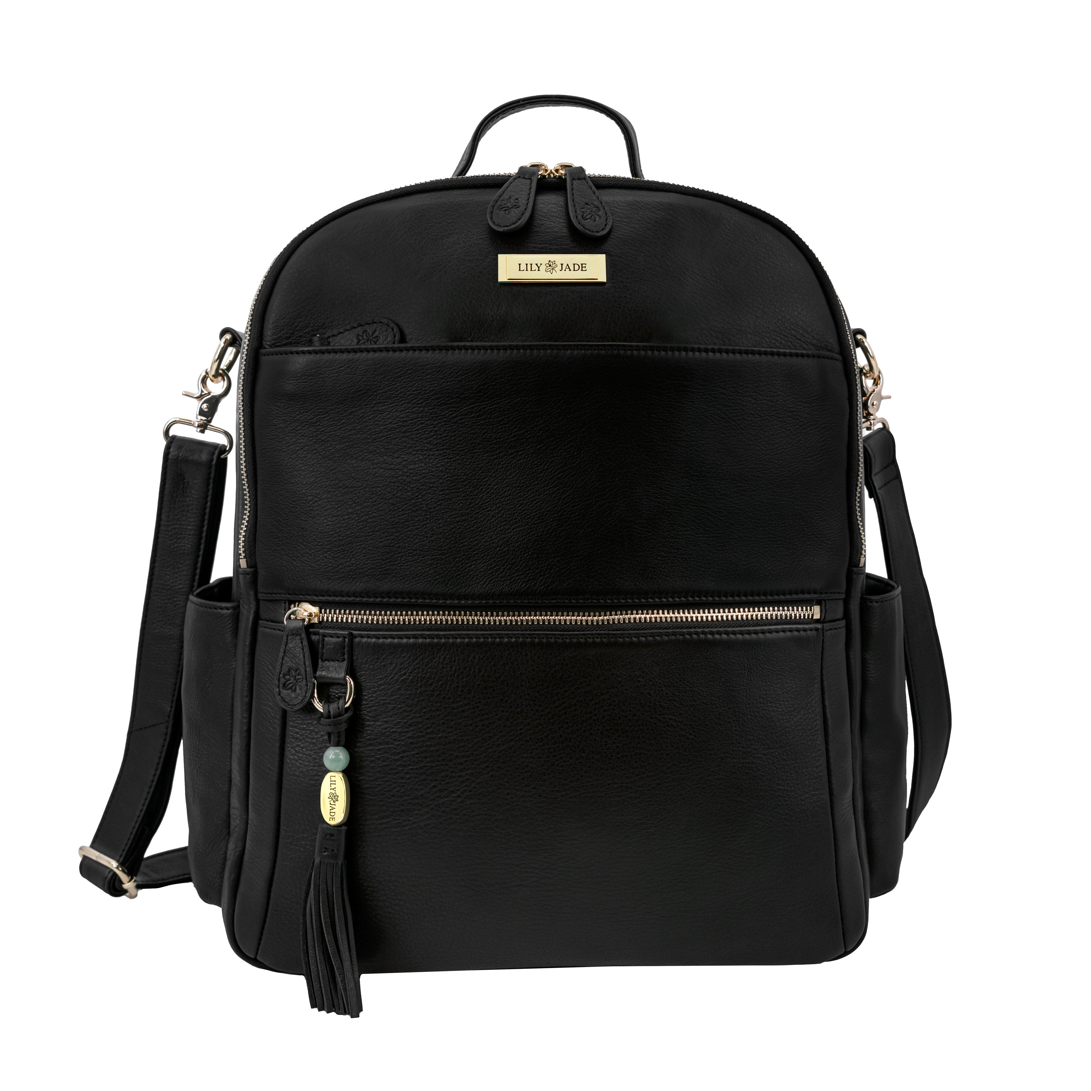 black leather backpack with gold hardware