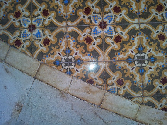 Detail of the cement tile floor pattern laid in an arc