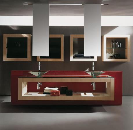 Red Floating Vanity with Glass Vessel Sinks.