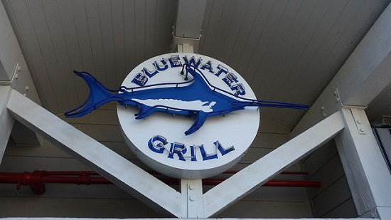 The Bluewater Grill in Redondo Beach, California features an outdoor patio for dining