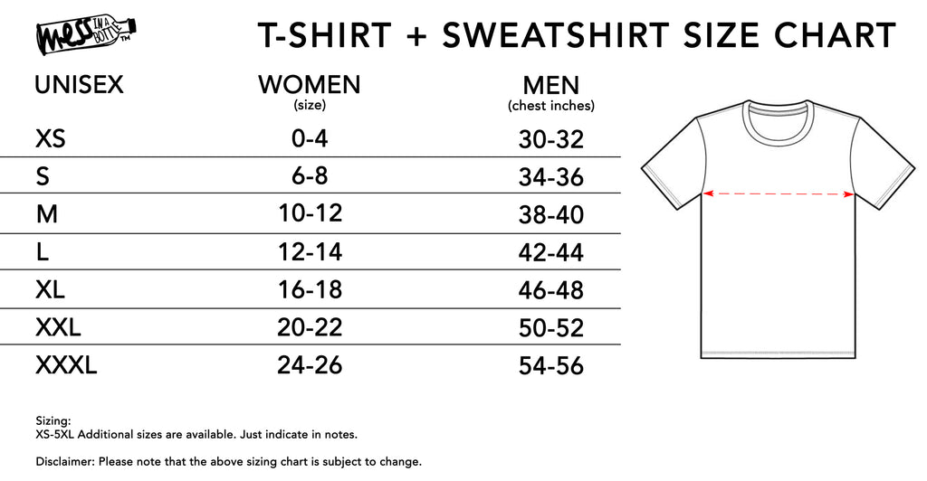 unisex sweatshirt size chart