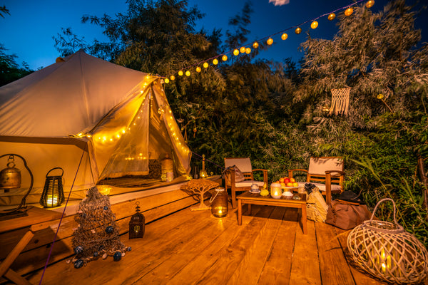glamping on wooden deck