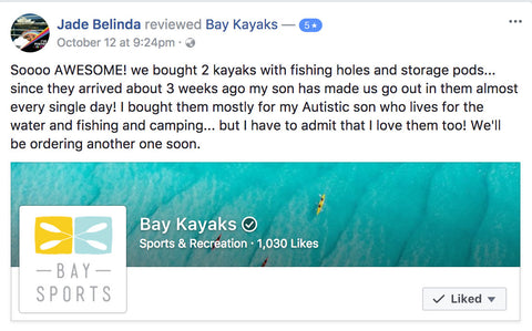 Bay Kayaks Customer Facebook Review