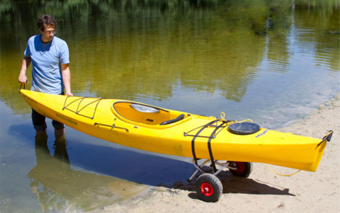 Transporting kayak to water with kayak trolley