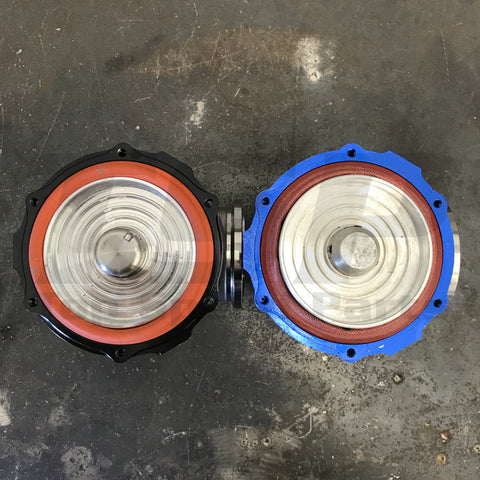 Counterfeit TiAL MVR Diaphragm (blue body) beside Authentic TiAL MVR Giaphragm (black body)
