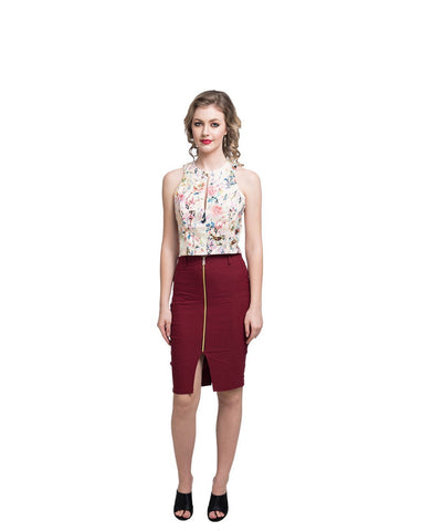 Maroon Zipper Style Pencil Skirt