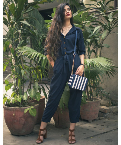 Navy Blue Roll Up Jumpsuit