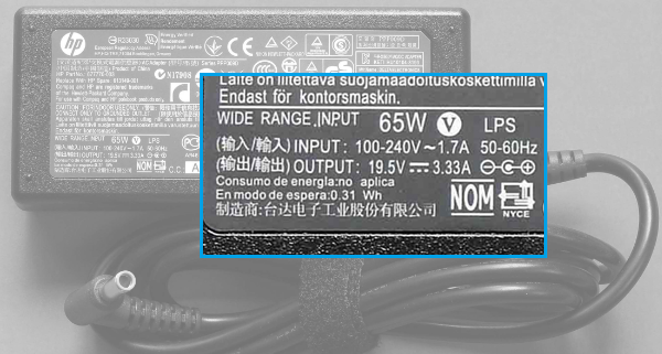 Technical Information on laptop power brick charger about Watt, Ampere, Voltage