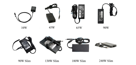Different laptop charger types from Dell, HP, Acer, Asus, Panasonic, Lapgrade, Lapcare