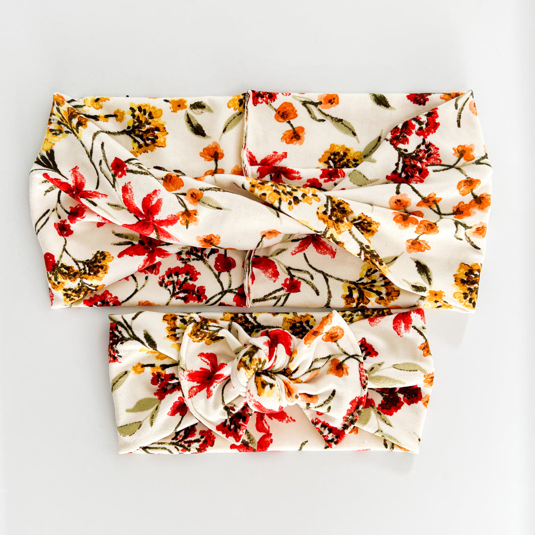 Cream Blooms : (Mommy & Me set) Boho Twist & Flat Bow Headband