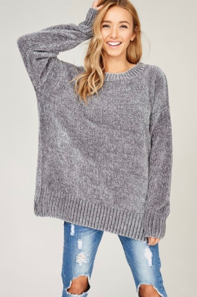 Velvet Yarn Knit Sweater-Grey