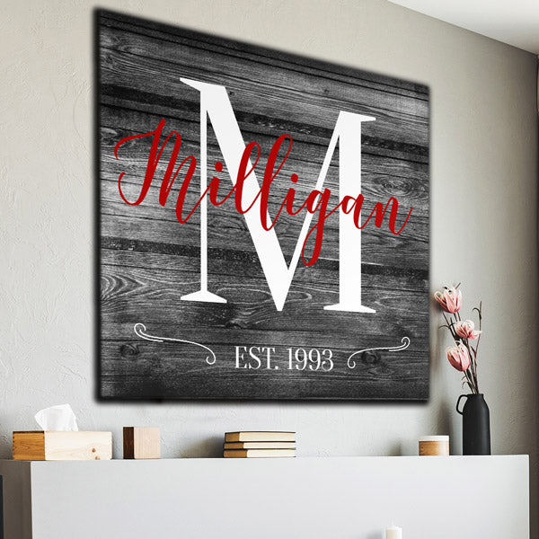 Personalized Canvas Wall Art Family Name And Initial Color Choice Gearden