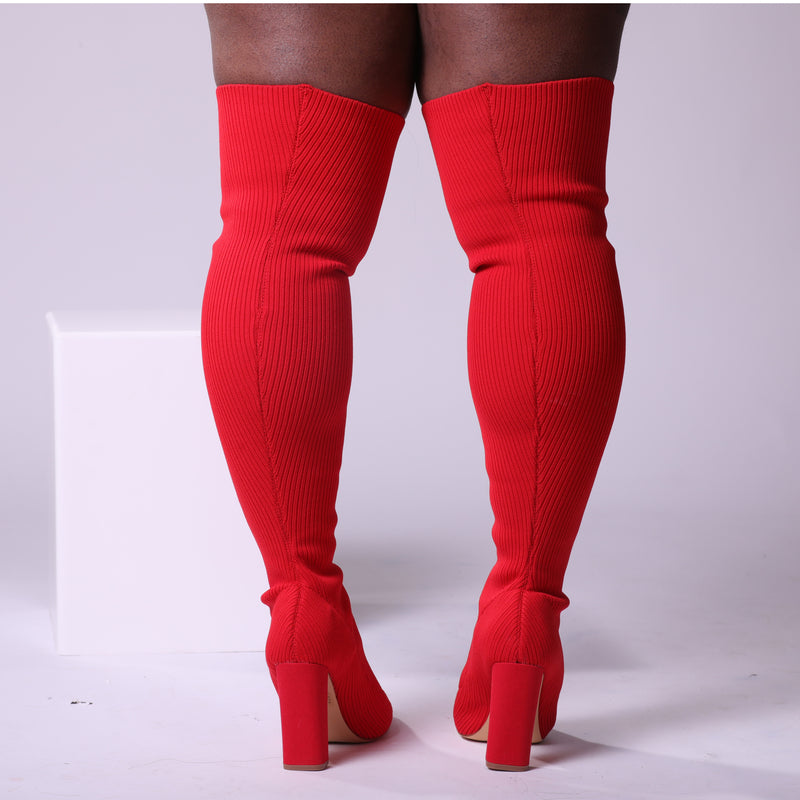 Lang roman Uberettiget Red Thigh High Knit Sock Block Heel Boot – Munroe Shoetique