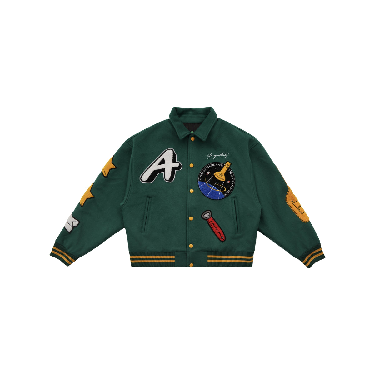 AFGK Embroidery Rocket Varsity Jacket Green | Mores Studio
