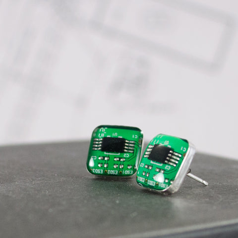 custom square green circuit board post earrings