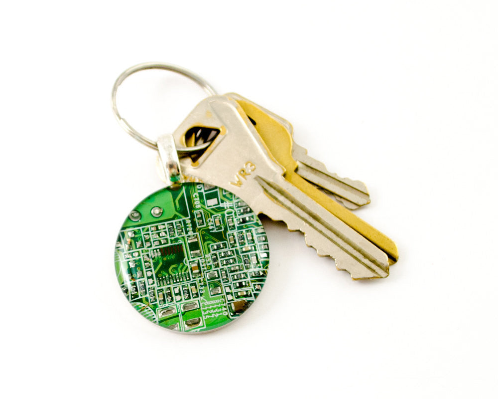 Recycled circuit board keychain round dark blue