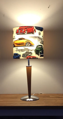 Table lamp, vintage re-imagined, vintage cars fabric, art deco, Maddie Moo Creations, 3Chooks lampshade making supplies