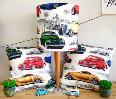 Table lamp, vintage re-imagined, vintage cars fabric, art deco, Maddie Moo Creations, 3Chooks lampshade making supplies