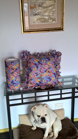 custom floral lampshade with matching frilled cushion 3Chooks make a lampshade