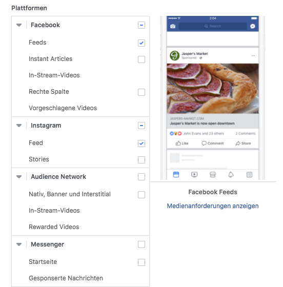 Möglichkeiten zur Platzierung einer Anzeige bei Facebook, Instagram, im Audience Network oder Messenger für das Facebook Targeting