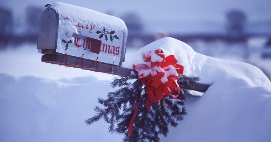 In einem geschmückten und beschneiten Briefkasten warten weihnachtliche Newsletter