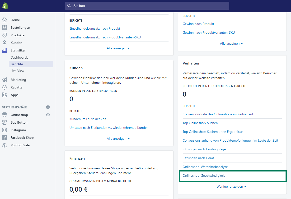 Im Shopify Backend gelangst du zum Shopify Geschwindigkeitsbericht, um deine Website Schnelligkeit zu testen