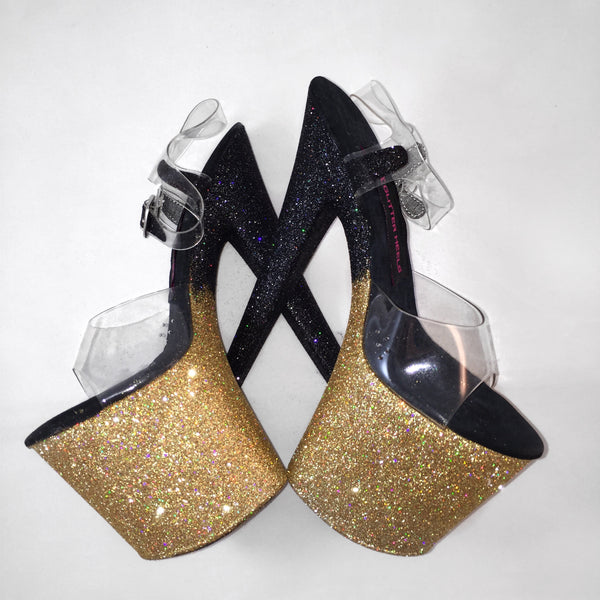 black and gold glitter heels