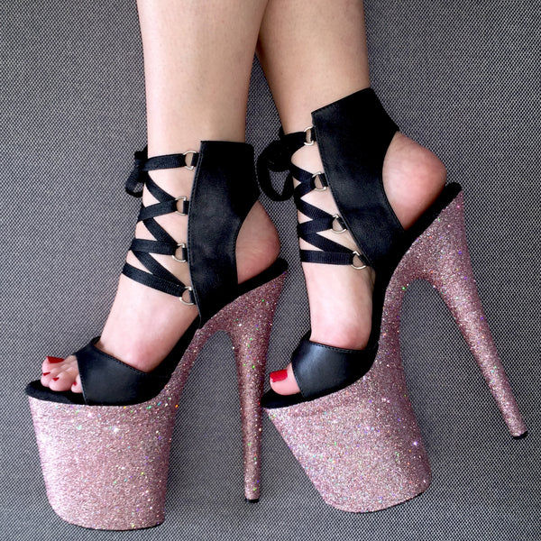 black glitter lace up pumps