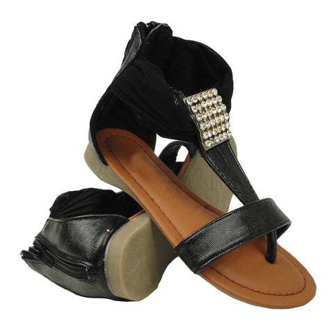 Kids Flat Sandals Mesh Ankle Strap Rhinestone Embellishments black