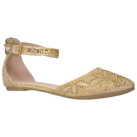 Womens Ballet Flats Ankle Strap Rhinestone Studs Jewel Flat Shoes Gold