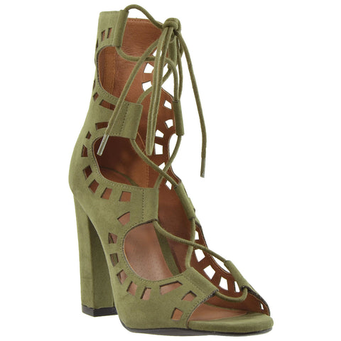 Womens Ankle Boots Lace Up Ghillie High Heel Shoes Olive