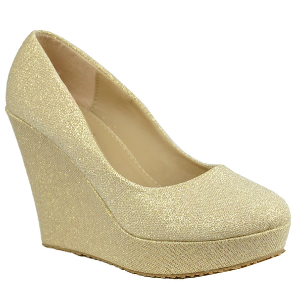 gold closed toe wedges