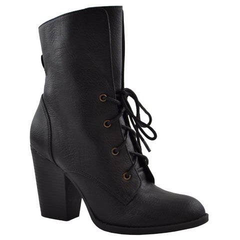 Womens Ankle Boots Chunky High Heel Lace up Comfort shoes Black