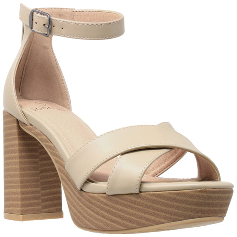 Womens Platform Sandals Adjustable Ankle Strap Retro Chunky Heel Shoes Taupe