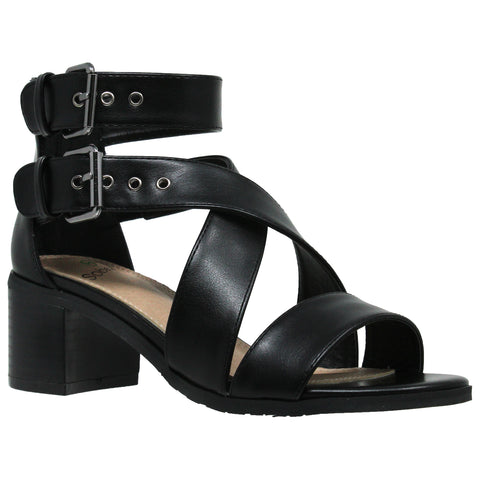 Womens Dress Sandals Strappy Buckle Accent Chunky Block Heel Shoes Black