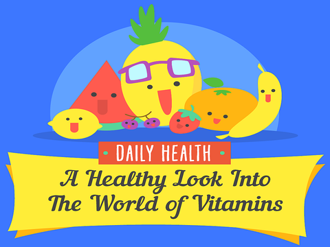 Cartoon fruits and vegetables with text "A Healthy Look Into the World of Vitamins" infographic