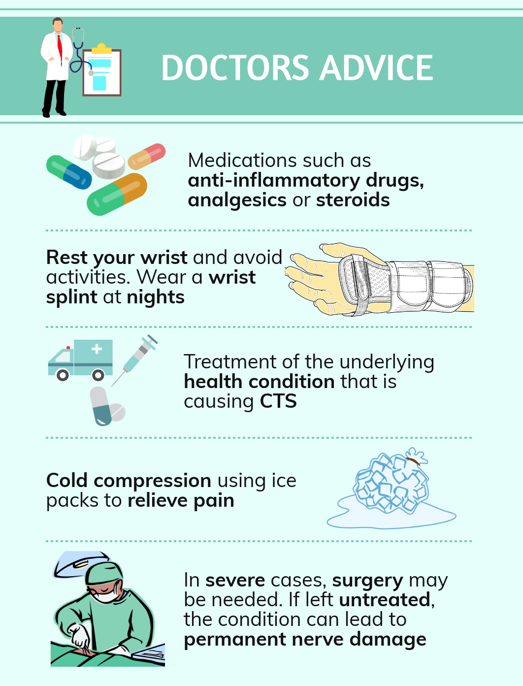 dr. know blog hey zindagi managing carpal tunnel syndrome doctor's advice infographic medication, wrist splint, treatment, ice pack, surgery