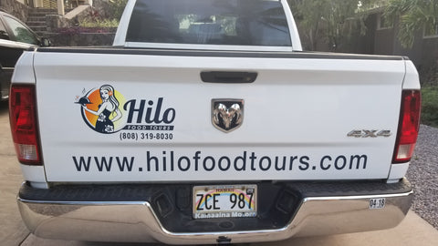 Hilo Food Tours vinyl decals on the tailgate- from Lets Go Banners- thank you Hilo Food Tours!