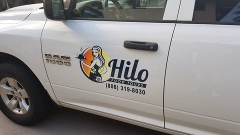 Hilo Food Tours vinyl decals installed on Driver Side Door