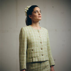 Maria wears vintage pistachio green Chanel Suit, Flowers by Tuk Tuk Flower Studio