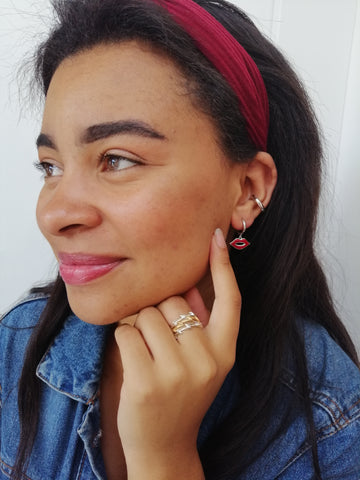 Red Lip Huggie Hoop Earrings