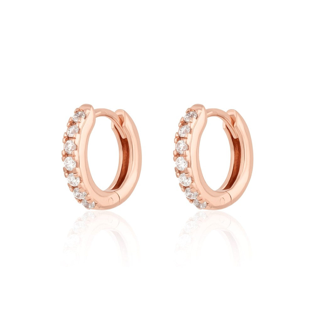 Rose Gold Huggie Earrings with Clear Stones