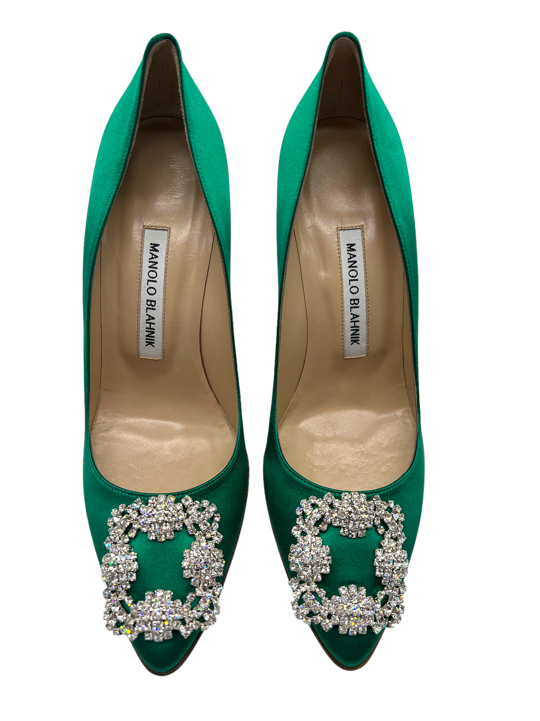 Manolo Blahnik Green Satin Hangisi Size 38 Heels – Shop Luxe Society