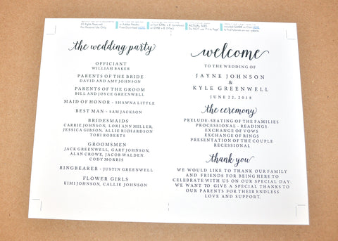 Printed Wedding Program Fan on White Card Stock