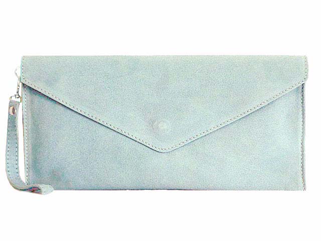 pale blue suede clutch bag