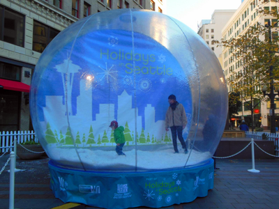 Westlake Center Plaza winter season picket fence from Emerald City Fence Rentals