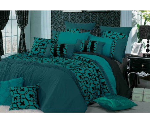 Super King Size Lyde Teal Black Flocking Quilt Cover Set 3pcs Jvees