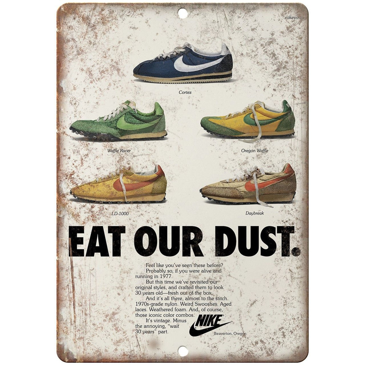 Nike Waffle Oregon Cortez Sneaker Ad 10" X 7" Reproduction Metal – Walls Sign Shop